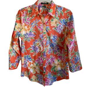 Lauren Ralph Lauren Button Up Blouse Top Cotton Orange Floral Size M Colorful